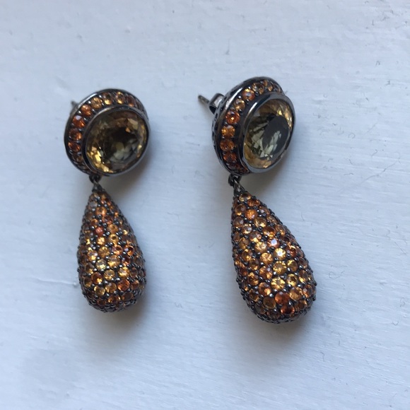 RS Citrine & Orange Sapphires& Rhodium SS Earrings - Picture 3 of 5